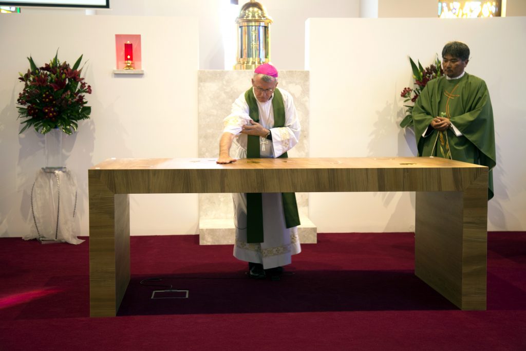 Perth Archbishop Timothy Costelloe SDB during the consecration of the new Altar at Immaculate Heart of Mary Church, Scarborough Parish on Sunday 23 July. Photo: Jamie O’Brien.