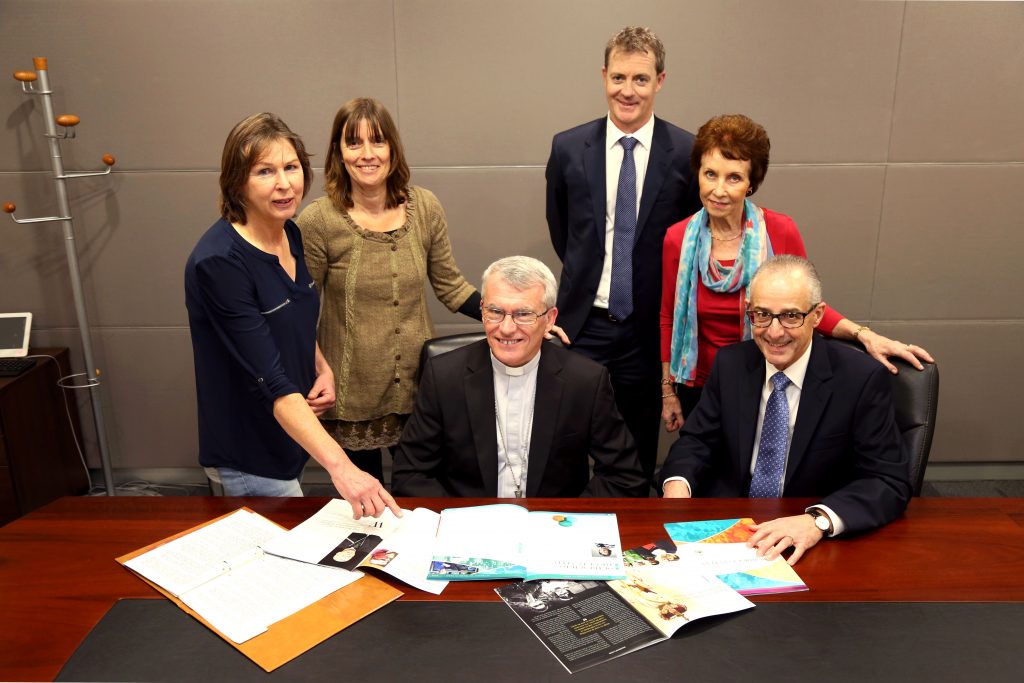 Perth Archbishop Timothy Costelloe (centre) and Archdiocesan Special Projects Coordinator Mr Tony Giglia (far right) meet with representatives from the four organisations providing the new post-abortion grief counselling service, including, from left, Julie Cook from Abortion Grief Australia, Lisette Jas from Pregnancy Assistance, Rod West from Centrecare Inc and Celia Joyce from the Fullness of Life Centre. Photo: Jamie O’Brien.