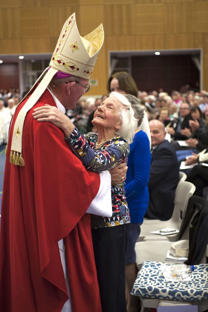 New Geraldton Bishop the Most Rev Michael Morrissey embraces his mum, Margaret, during his ordination last Wednesday 28 June. Photo: Jamie O’Brien.