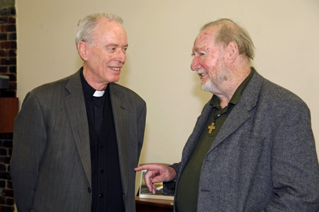 Bishop Don Sproxton speaks with Prof Anthony Kelly, who this week spoke about the topic of Laudato Si. Photo: Desire Photography.