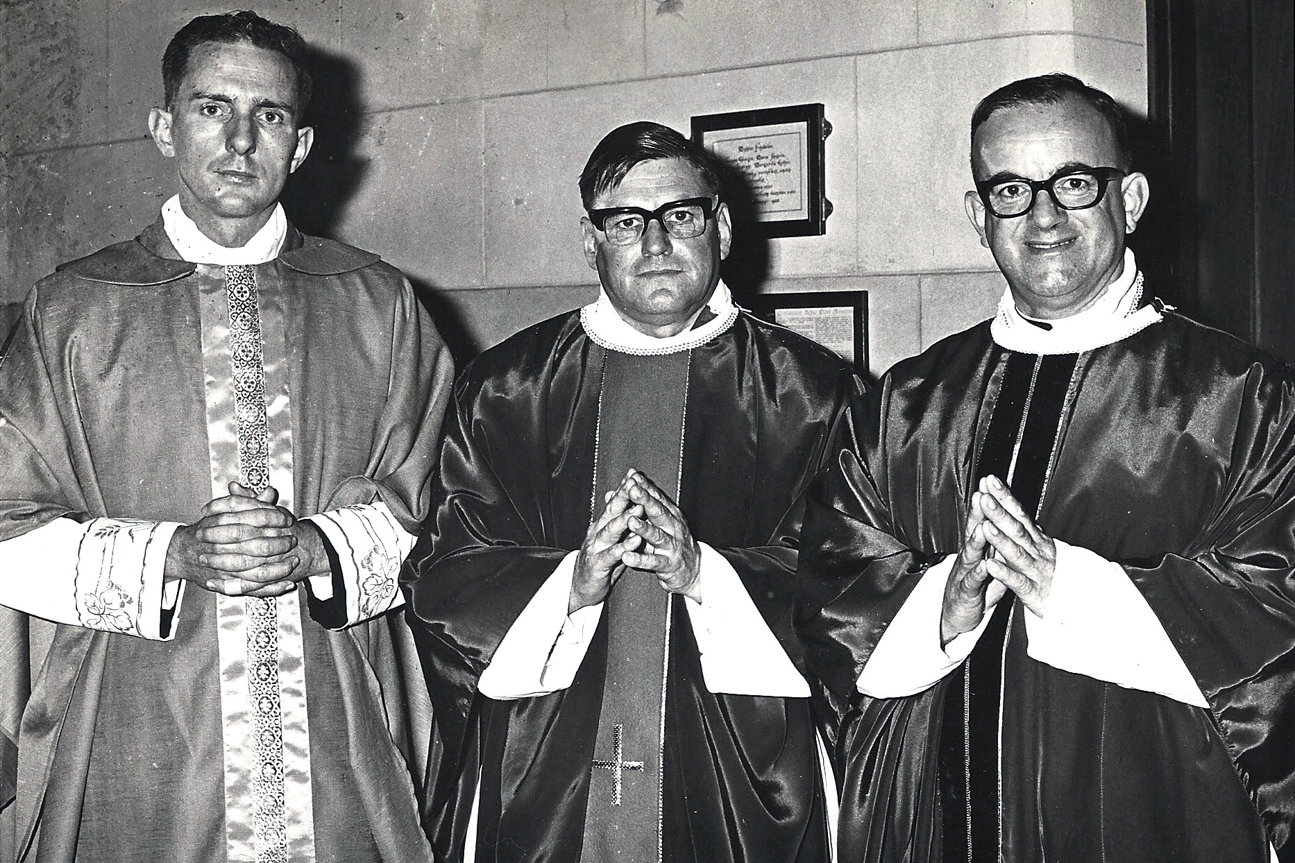 Left to Right – Fathers Geoffrey Beyer, John Lisle and Rodney Williams ordained to the priesthood at St Mary’s Cathedral by Archbishop Launcelot John Goody on 19 October 1969. Photo: Supplied from the Archives of The Record from 1969. 