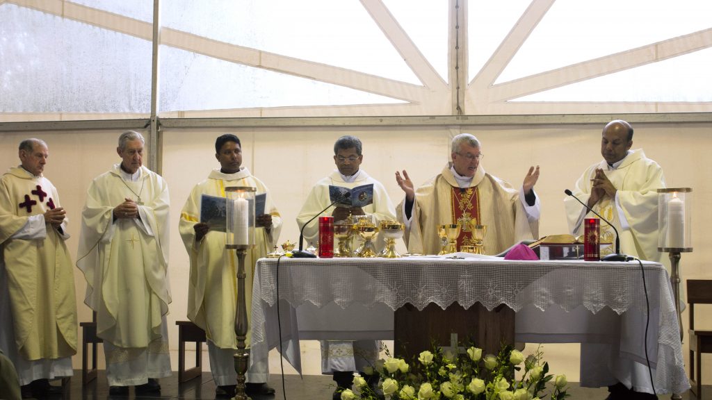 Archbishop Timothy Costelloe celebrated Mass, which was con-celebrated by (L-R): Monsignor Brian O’Loughlin, Emeritus Archbishop Barry Hickey, Fr Varghese Parackal, Very Rev Fr Sebastian Thundathikunnel, Rev Fr Mathew Kakkatupillil and other Vincentian priests from Perth, Melbourne and Sydney, at the opening of a new retreat centre in Byford, which will be run by the Vincentian Congregation. Photo: Caroline Smith.