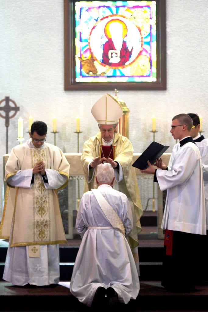 Emeritus Archbishop Barry Hickey and Deacon Neville Connell, who was ordained to the priesthood at a ceremony on Saturday 19 August 2017 at Mt Lawley Parish, St Paul’s Church. Photo: Josh Low.