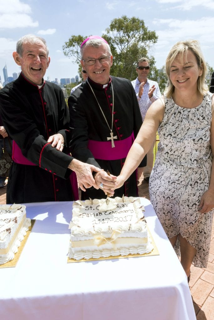Archbishop of Perth Timothy Costelloe SDB together with Monsignor Brian O’Loughlin and Dianna McKenzie, member of the parish council and social organising committee at the celebrations for the centenary Anniversary of St Columba’s Parish on 29 October. Photo: Natashya Fernandez.