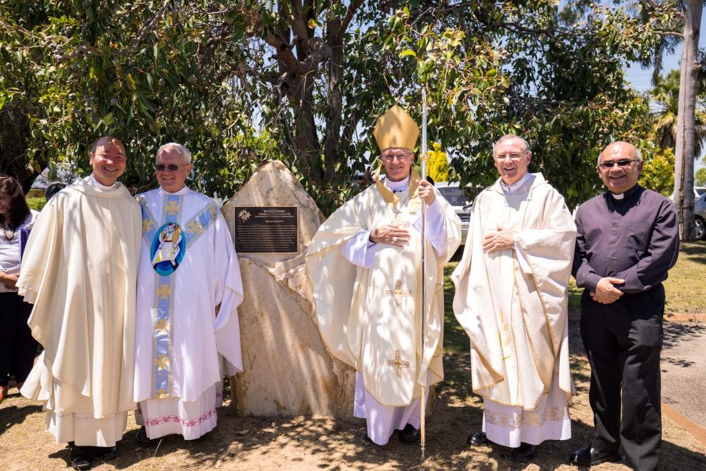 Archbishop Costelloe (middle) with (from left to right) current Parish Priest Fr Phong Nugyen and previous Parish Priests Monsignor Michael Keating, Fr Peter Whitely VG and Fr Philip Perreau. Photo: Fioline Oetomo.
