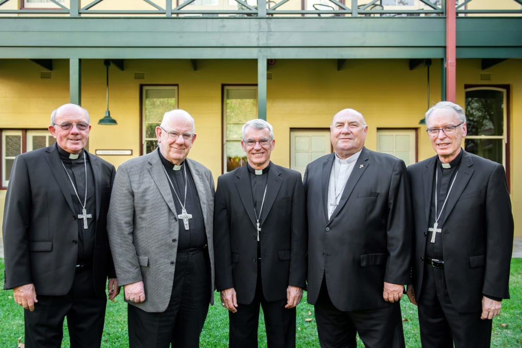 From left: Bishop of Geraldton Michael Morrissey, Bishop of Bunbury Gerald Holohan, Archbishop of Perth Timothy Costelloe, Bishop of Broome Christopher Saunders, and Auxiliary Bishop of Perth Donald Sproxton. Photo: Sourced.