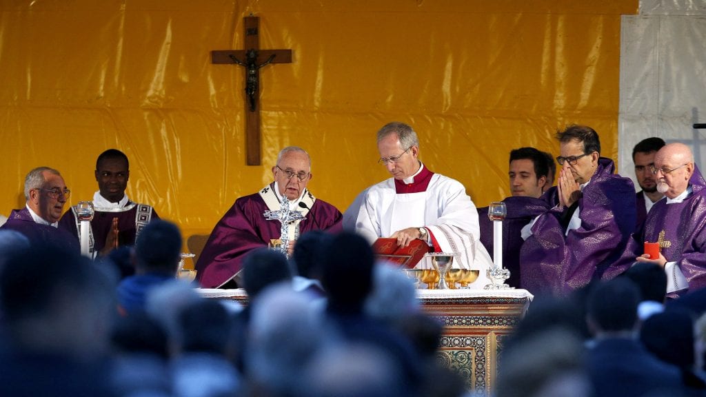 Pope Francis celebrates Mass on the feast of All Souls on 2 November at Laurentino Cemetery in Rome. Photo: Paul Haring/CNS.
