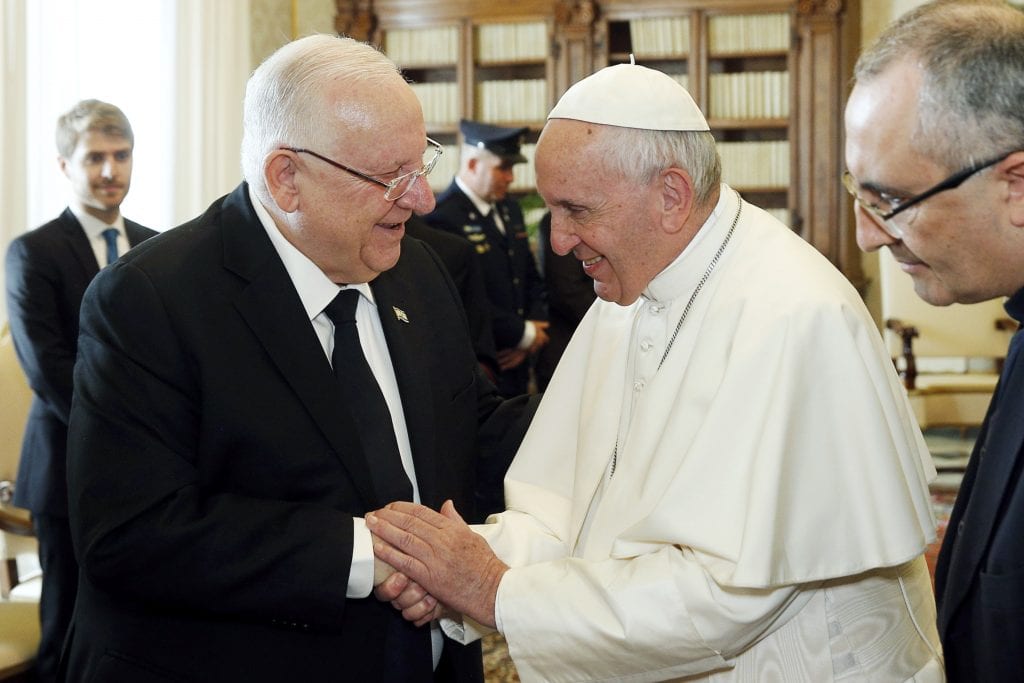 Pope Francis shakes hands with Israeli President Reuven Rivlin during a private audience at the Vatican on 15 November. Photo: Paul Haring/CNS.