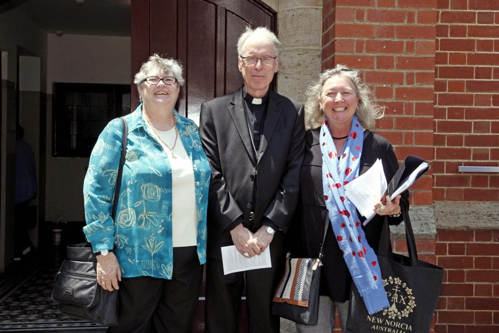 Auxiliary Bishop Donald Sproxton with Sr Margaret Scharf (left) and JEDO Director Carol Mitchell (right). Photo: Desire Mallet.