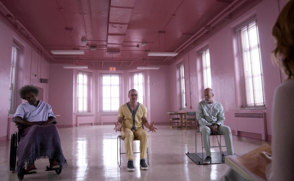 Samuel L Jackson, James McAvoy, Bruce Willis, and Sarah Paulson star in an asylum scene from the 2019 movie "Glass". Photo: Universal Studios/CNS.