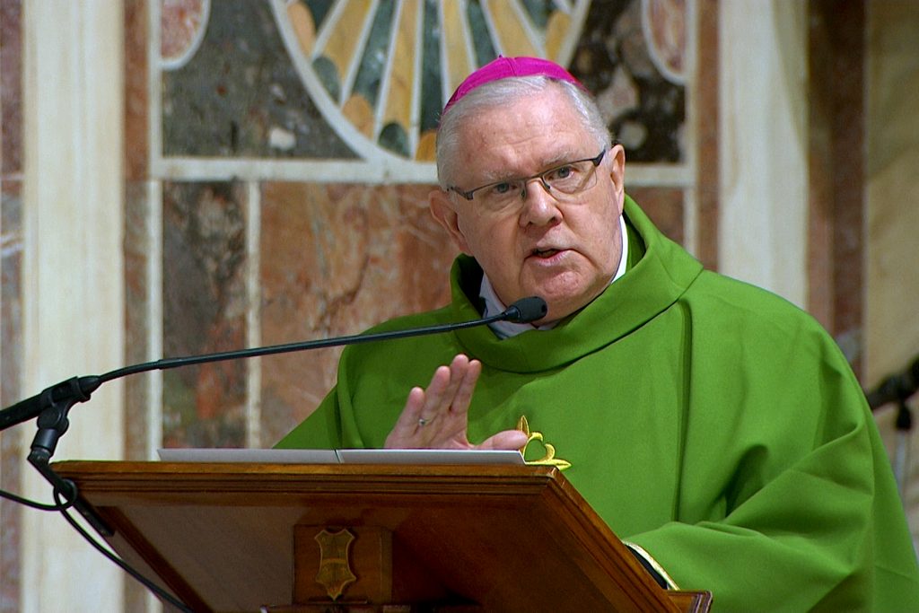 Australian Catholic Bishops’ Conference President Archbishop Mark Coleridge, gives the homily during a Mass on the last day of the four-day meeting on the protection of minors in the church at the Vatican on 24 February 2019. Photo: CNS/Vatican television.
