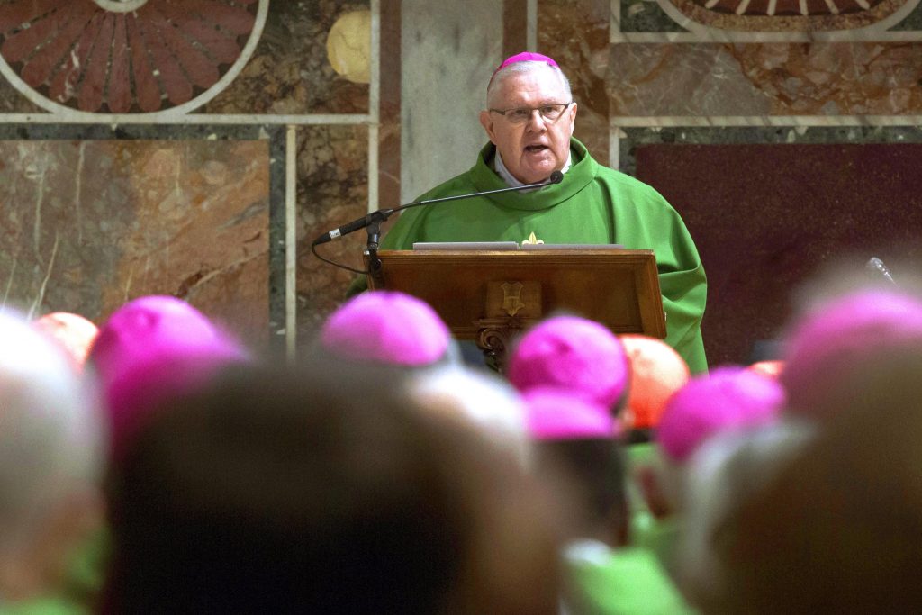Australian Catholic Bishops’ Conference President Archbishop Mark Coleridge, gives the homily during a Mass on the last day of the four-day meeting on the protection of minors in the church at the Vatican on 24 February 2019. Photo: CNS/Maria Grazia Picciarella.
