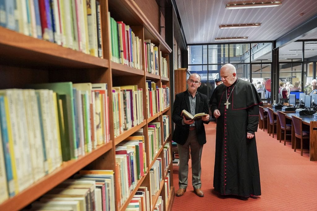 Rev Dr Russell Hardiman with Bunbury Bishop Gerard Holohan at the UNDA Fremantle campus Library. A Liturgical Collection dedicated to Dr Hardiman was unveiled at UNDA just two days before his passing. Photo: Supplied.