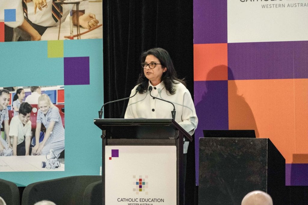 CEWA Executive Director Debra Sayce delivers her address at the annual Catholic Education Leaders Forum on 25 February in the main hall of Newman Siena Centre. Photo: Matthew Lau.
