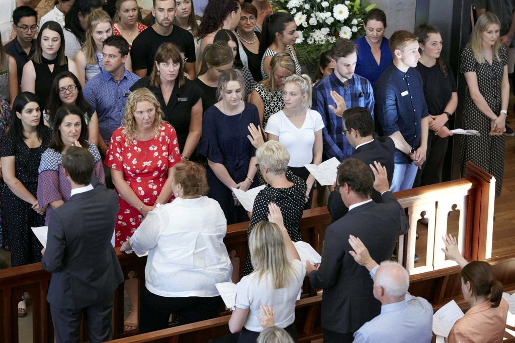 Catholic school principals from across Western Australia welcome their new staff at the 2019 commissioning Mass at St Mary’s Cathedral. Photo: Ron Tan.
