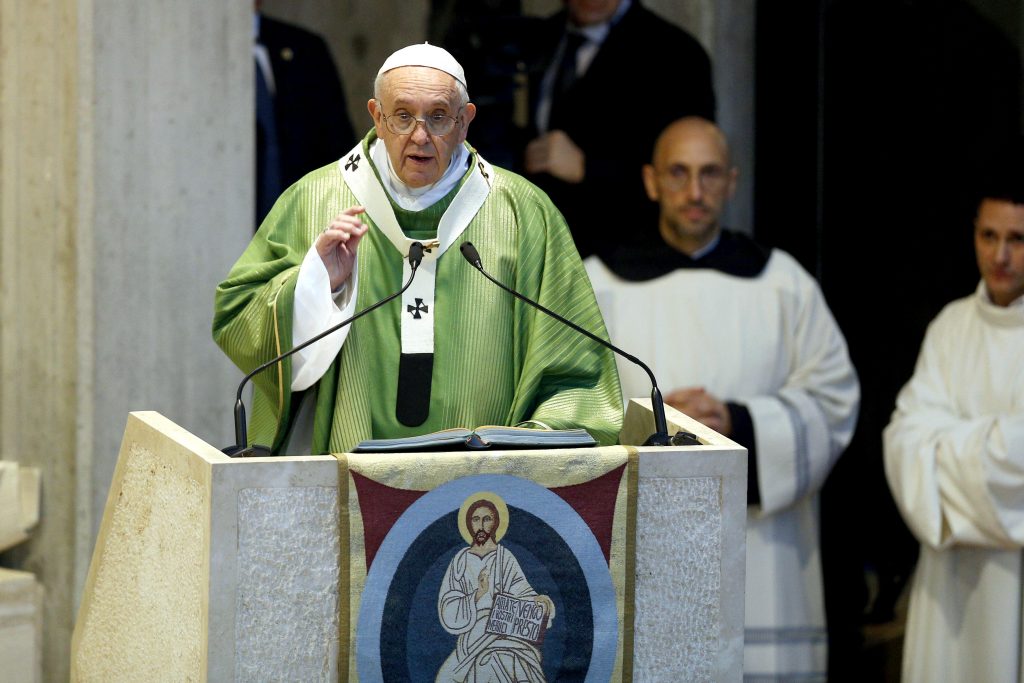 Pope Francis gives the homily as he celebrates Mass at the Parish of St Crispin on the outskirts of Rome, Sunday 3 March 2019. Photo: Paul Haring/CNS.