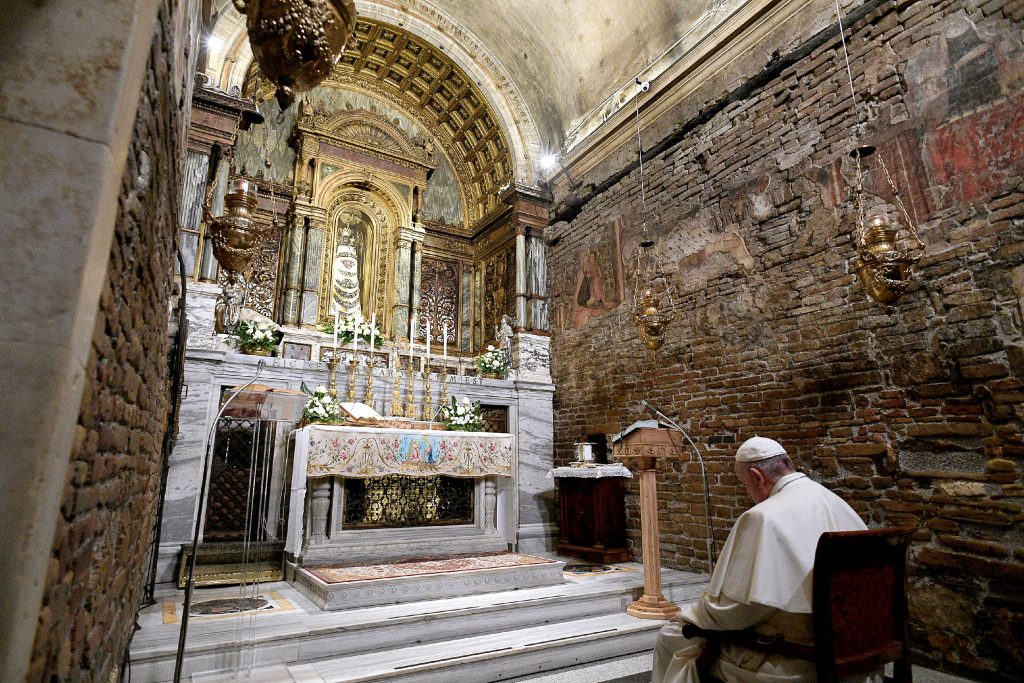 Pope Francis prays inside the Sanctuary of the Holy House on the feast of the Annunciation in Loreto, Italy, 25 March 2019. Photo: CNS/Vatican Media.