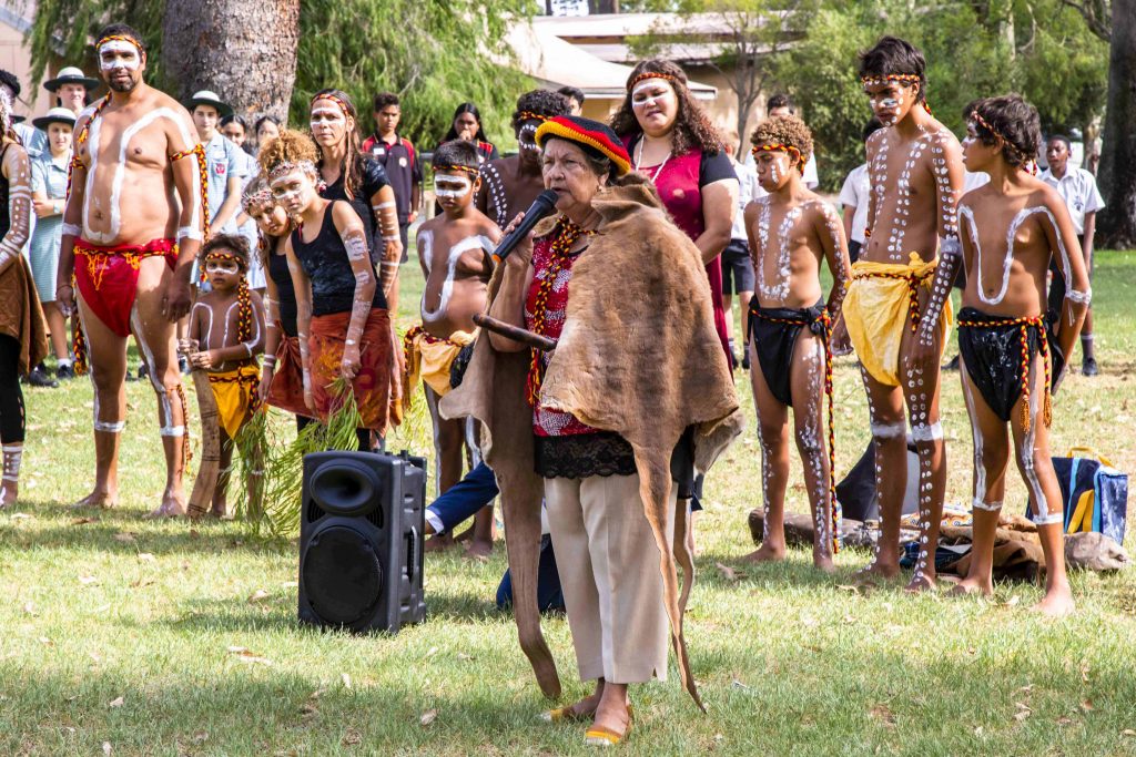 Aunty Marie Taylor conducts the Welcome to Country on the schools launch of Project Compassion for 2019 at Clontarf Aboriginal College on Tuesday 5 March. Photo: Jamie O’Brien.