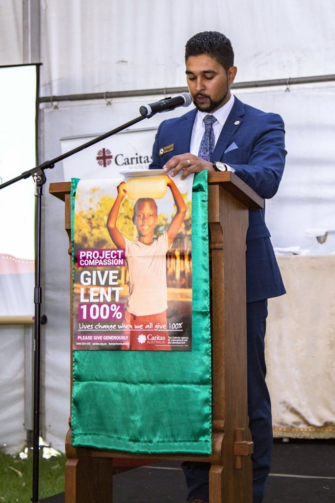 Clontarf Principal Troy Hayter welcomes guests to the Mass, marking the start of Project Compassion for 2019. Photo: Jamie O’Brien.