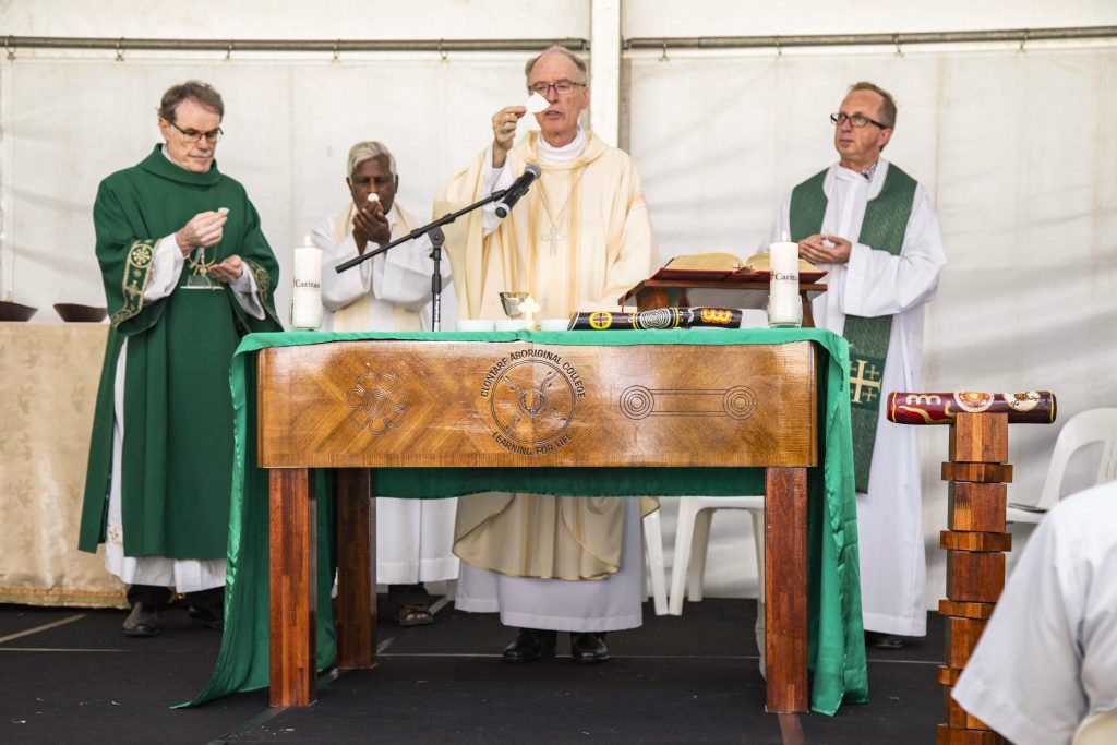 Deacon Paul Reid, Fr Sebastian Fernando, Bishop Don Sproxton and Fr George Kolodziej during the consecration for the Mass marking the start of Project Compassion for 2019. Photo: Eric Martin.