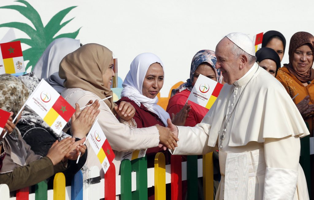 Pope Francis said that dialogue is not a ‘fashion’ or ‘strategy,’ but a way of imitating Jesus, who, moved by love, sought out everyone and began a dialogue with them during his visit to Rabat, Morocco on 31 March. Photo: Paul Haring/CNS.