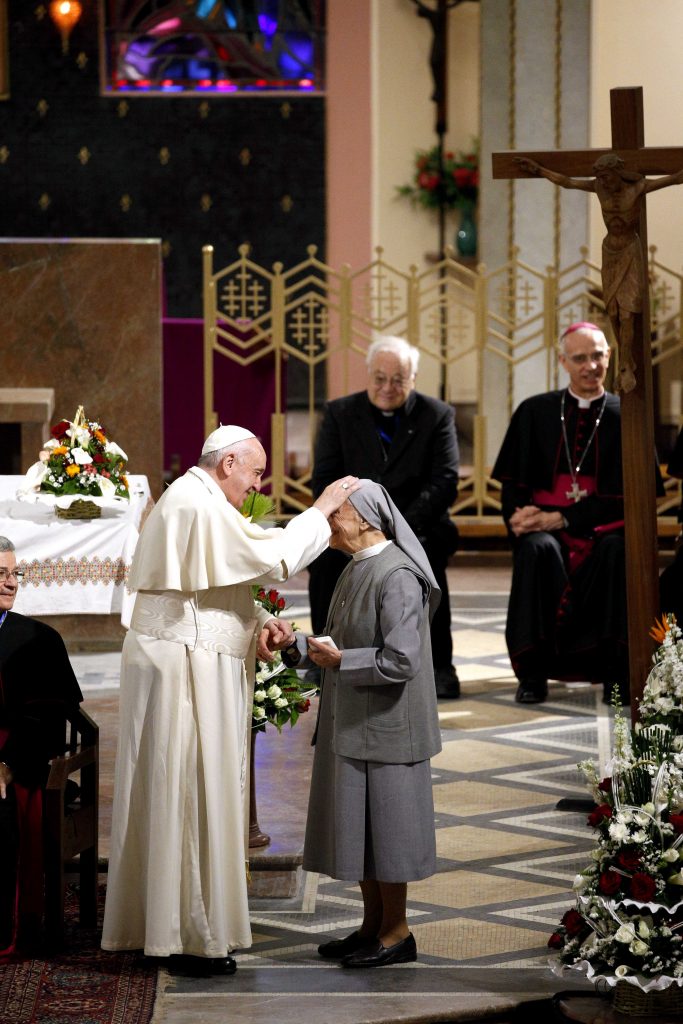 Pope Francis blesses a religious sister during a meeting with priests, religious men and women and the ecumenical Council of Churches at the cathedral in Rabat, Morocco, 31 March 2019. Photo: Paul Haring/CNS.