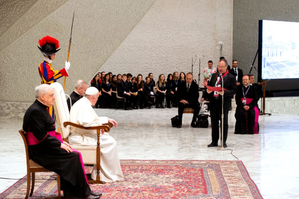 Pope Francis meets with students and staff from Milan's Istituto San Carlo during an audience at the Vatican on 6 April 2019. Photo: Vatican Media/CNS.