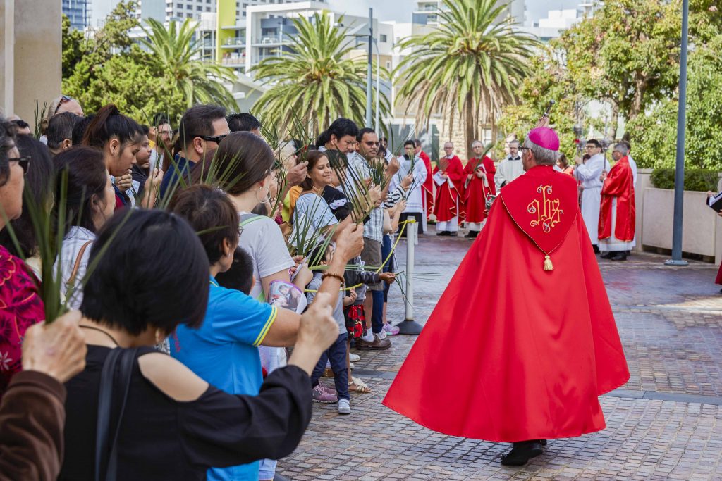 Perth Archbishop Timothy Costelloe administered the blessing of Palms outside the St Marys Cathedral before Mass on 14 April 2019. Photo: Ron Tan. 
