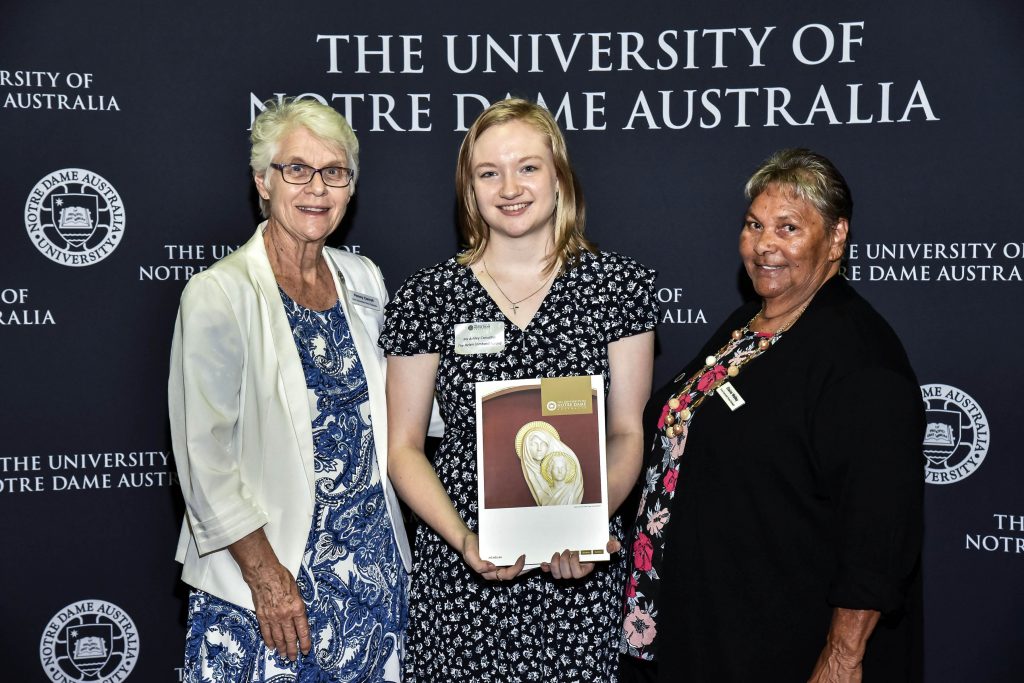 Good Samaritan Sisters Penny Carroll and Elaine Walley congratulate Helen Lombard Award winner Ashley Carvalho. Photo: Supplied.