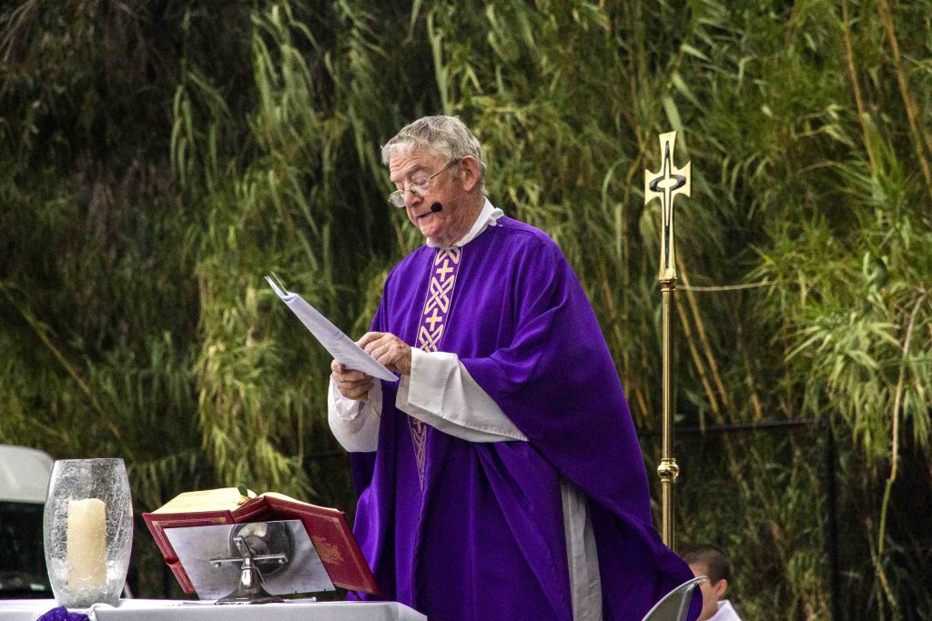 Fr Michael McMahon celebrated the mass at the school grounds for the St Brigid’s college 90th anniversary celebrations on 31 March. Photo: Amanda Murthy.