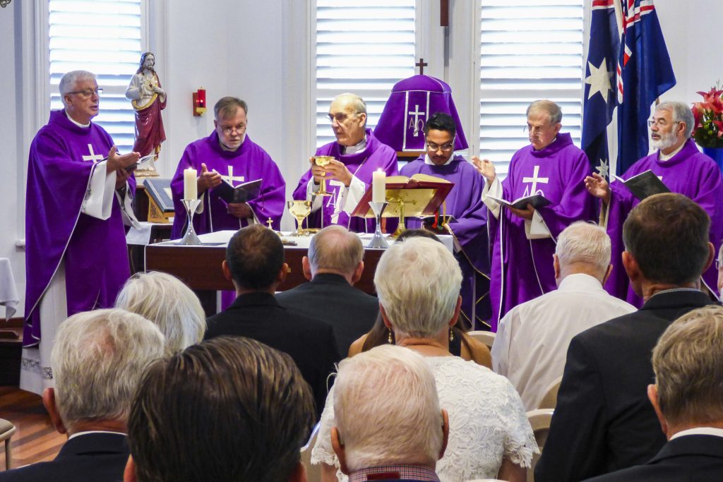 Members and friends of the Knights of the Southern Cross came together for the annual Founders Day celebrations, which included Mass celebrated by Geraldton Emeritus Bishop Justin Bianchini. Photo: Supplied.