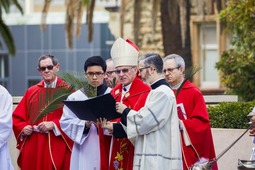 Archbishop Costelloe celebrated the Palm Sunday Mass at St Marys Cathedral on 14 April 2019. Photo: Ron Tan.