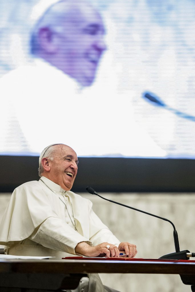 Pope Francis smiles during a meeting with 850 superiors general on 10 May 2019 at the Vatican, who were in Rome for the plenary assembly of the International Union of Superiors General. The organisation represents more than 450,000 sisters in more than 100 countries. Photo: Vatican Media/Reuters.