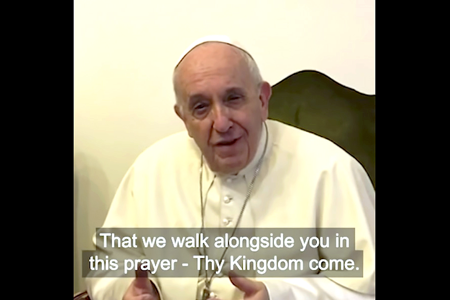 Pope Francis speaks in a video message recorded on the phone of Archbishop Justin Welby of Canterbury, spiritual leader of the Anglican Communion, at the Vatican on 11 April. In the video, the Holy Father encourages Catholic to join the ecumenical prayer campaign, "Thy Kingdom Come". Photo: Thy Kingdom Come/CNS.