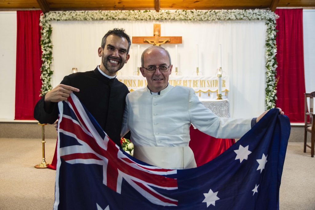 Deacon Chris de Sousa CRS with then-Somascan Superior General Fr Franco Moscone CRS at his Solemn Profession of Vows on 4 August 2018 at Spearwood Parish. Photo: Josh Low.