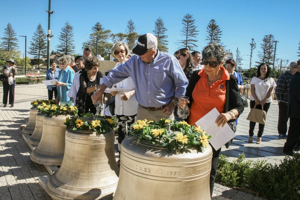 Parishioners inspect the new carillon bells for St Francis Xavier Catholic Cathedral, Geraldton. Photo: Supplied.