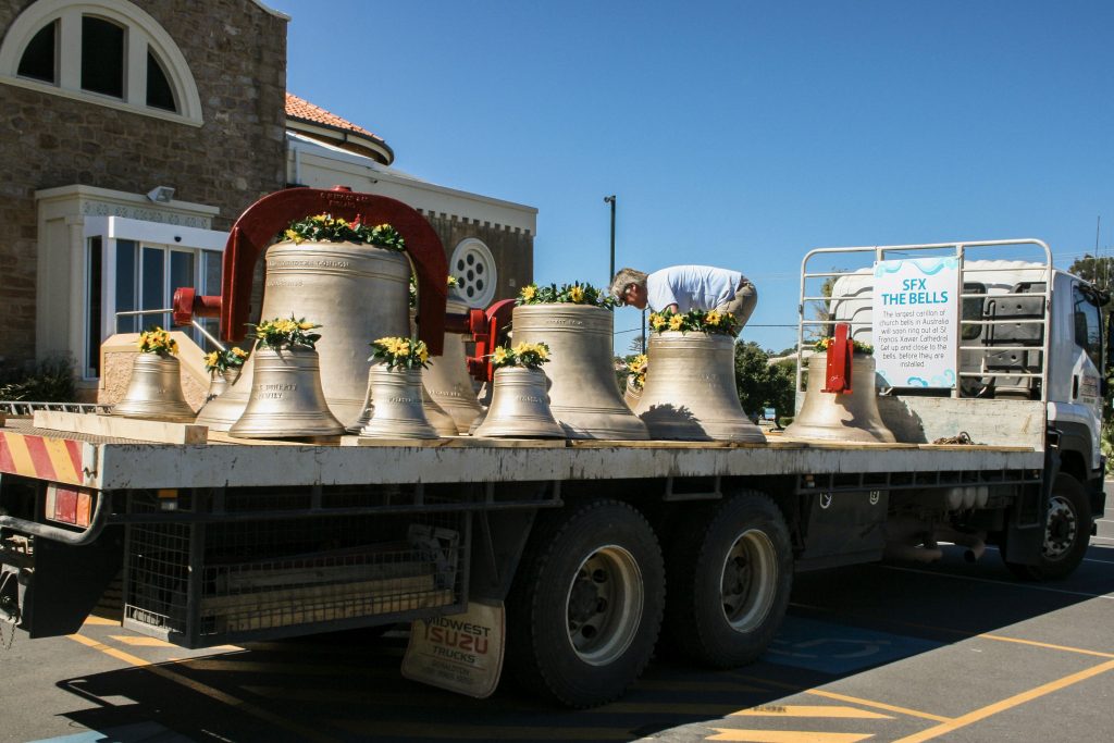 The new bells arrive in Geraldton by truck after a long journey by sea from England. Photo: Supplied.