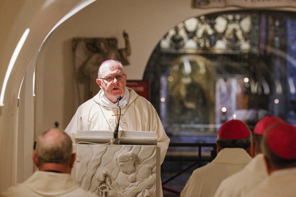 Archbishop Mark Coleridge, President of the Australian Catholic Bishops' Conference, gives the homily as Australian bishops concelebrate Mass in the crypt of St Peter's Basilica at the Vatican on 24 June 2019. Photo: CNS/Paul Haring.