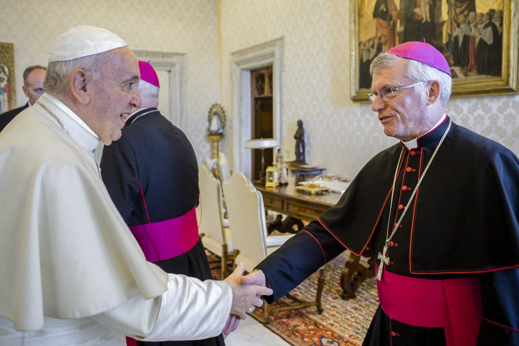 Pope Francis greets Archbishop Timothy Costelloe of Perth, Australia, during a meeting with Australian bishops on their "ad limina" visits to the Vatican June 24, 2019. The bishops were reporting on the status of their dioceses. Photo: CNS/Vatican Media.