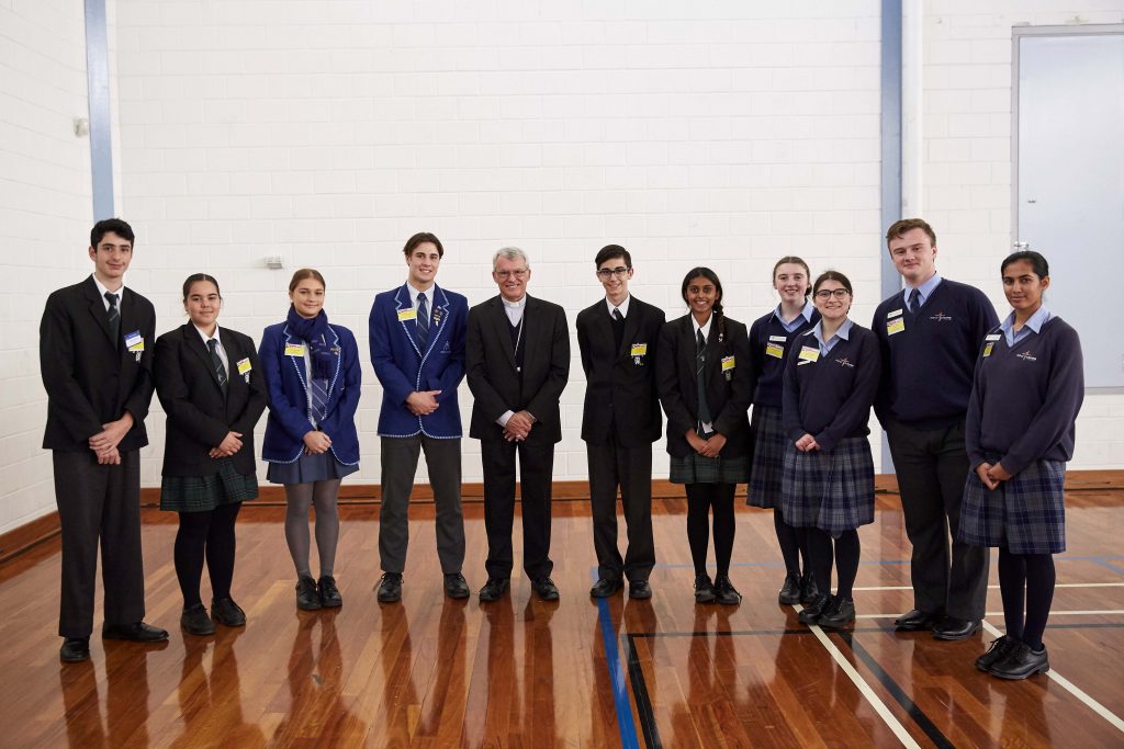 Perth Archbishop Timothy Costelloe stands with his newly formed Special Project Committee at the 2019 Secondary Schools Forum for LifeLink Day at Aranmore Catholic College on 28 May. Photo: Ron Tan.