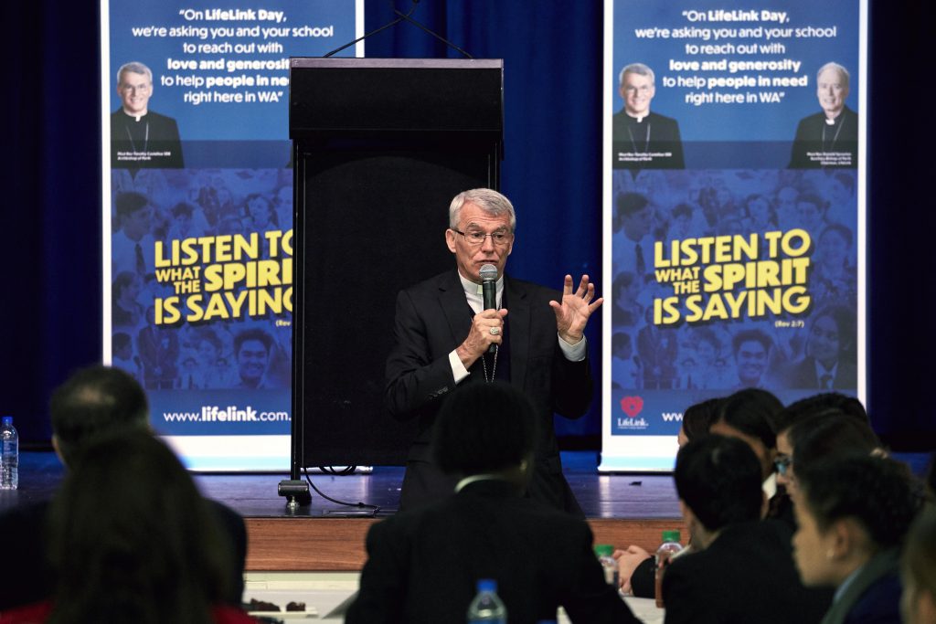 Archbishop Costelloe answered questions posed by the students at the 2019 Secondary Schools Forum for LifeLink Day held at Aranmore Catholic College on 28 May. Photo: Ron Tan.