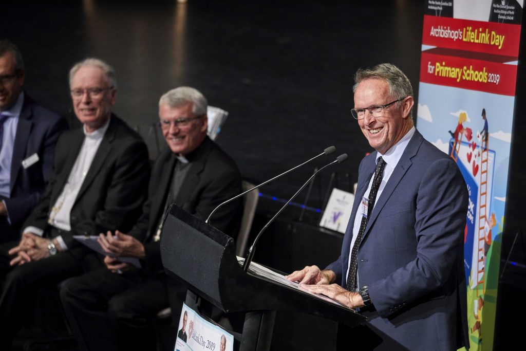 Catholic Education Western Australia (CEWA) Assistant Executive Director addressing the community on behalf of Dr Debra Sayce. Photo: Ron Tan.