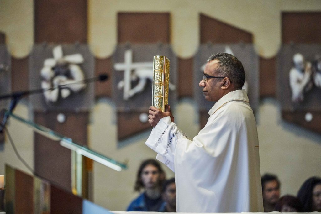 Father Sean Fernandez spoke about the importance of the Holy Spirit at the Trinity Sunday Mass held at St Marys Cathedral on 16 June. Photo: Ron Tan.