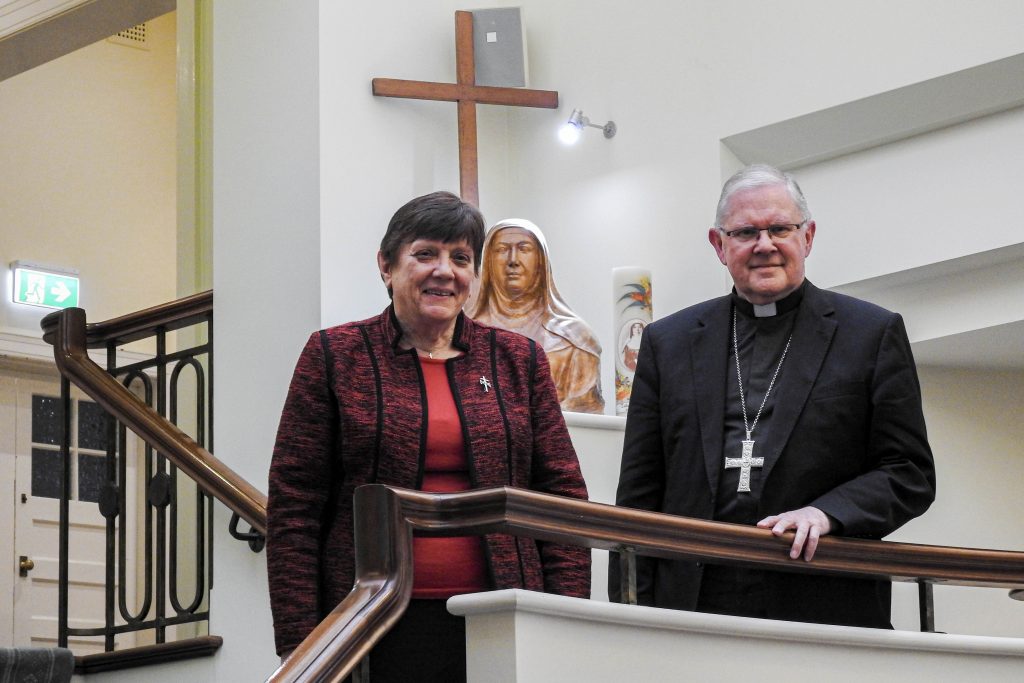 Catholic Religious Australia president Monica Cavanagh RSJ pictured with Australian Catholic Bishops Conference president Archbishop Mark Coleridge. Photo: Supplied.