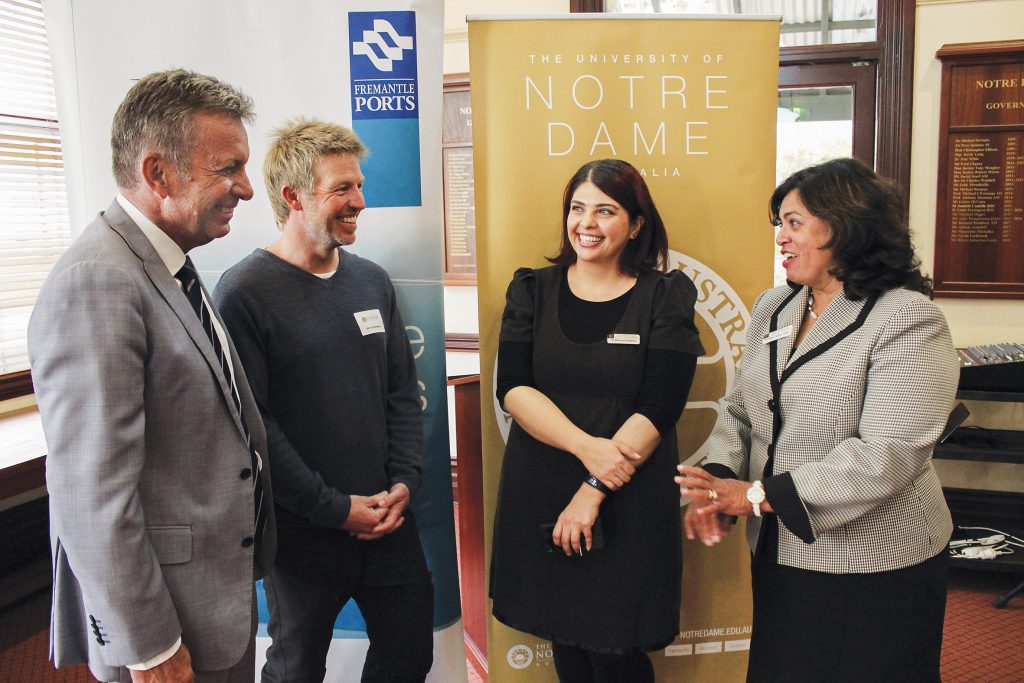 From left: Fremantle Ports Chief Executive Chris Leatt-Hayter, Port Services Officer Scott Bowden, Notre Dame Industry Engagement Coordinator Dr Bahareh Badrian, and UNDA Pro Vice Chancellor Prof Selma Alliex. Photo: Supplied.