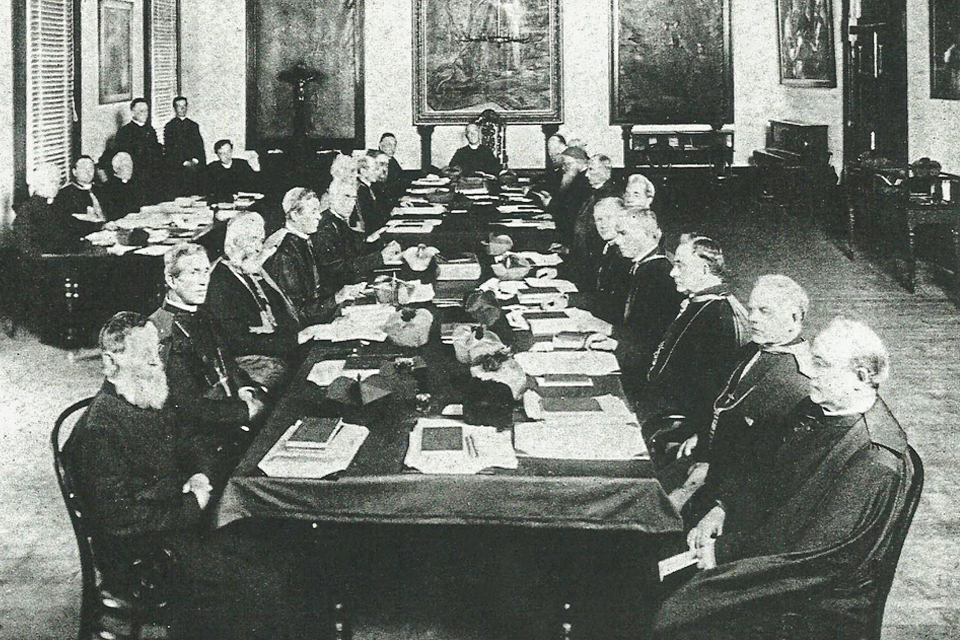 Assembled Bishops of Australia at the 1895 second Australian Plenary Council. Photo taken in the Aula Maxima of St Patrick’s College in New South Wales. Photo: MDHC, published in Footprints (October 1974) and The Swag 2019.