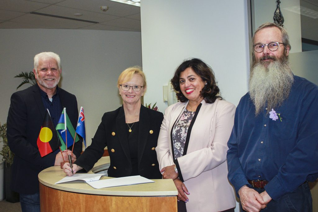 From left: Associate Professor Clive Walley, Notre Dame Director Indigenous Education; Professor Shirley Bowen, Chief Executive of St John of God Subiaco Hospital; Professor Selma Alliex, Notre Dame Pro Vice Chancellor and Head of Fremantle Campus; and Professor David Paul, Notre Dame Associate Dean in Aboriginal Health. Photo: Supplied.