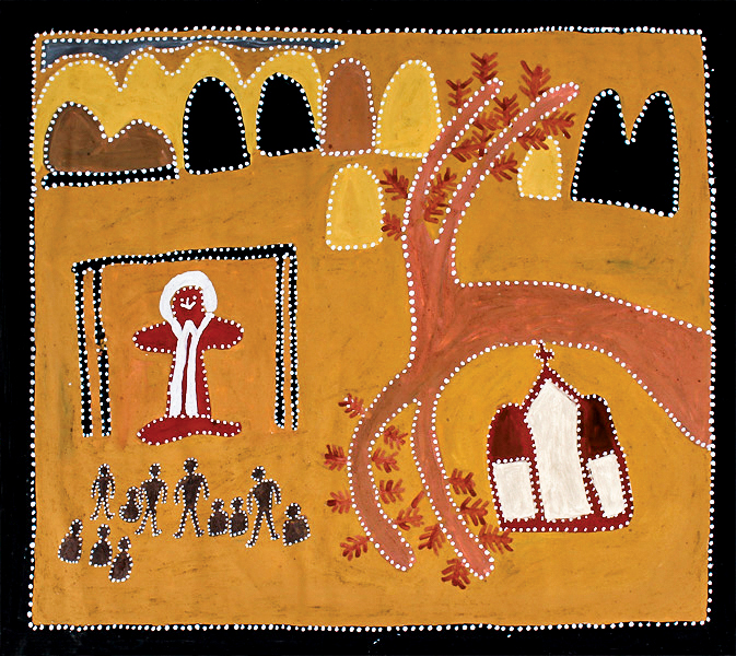 People talking to Jesus in the Brough shed, by the late Queenie McKenzie of Warmun was selected as the artwork for the Aboriginal and Torres Strait Islander Sunday 2019 Poster. Photo: Supplied.