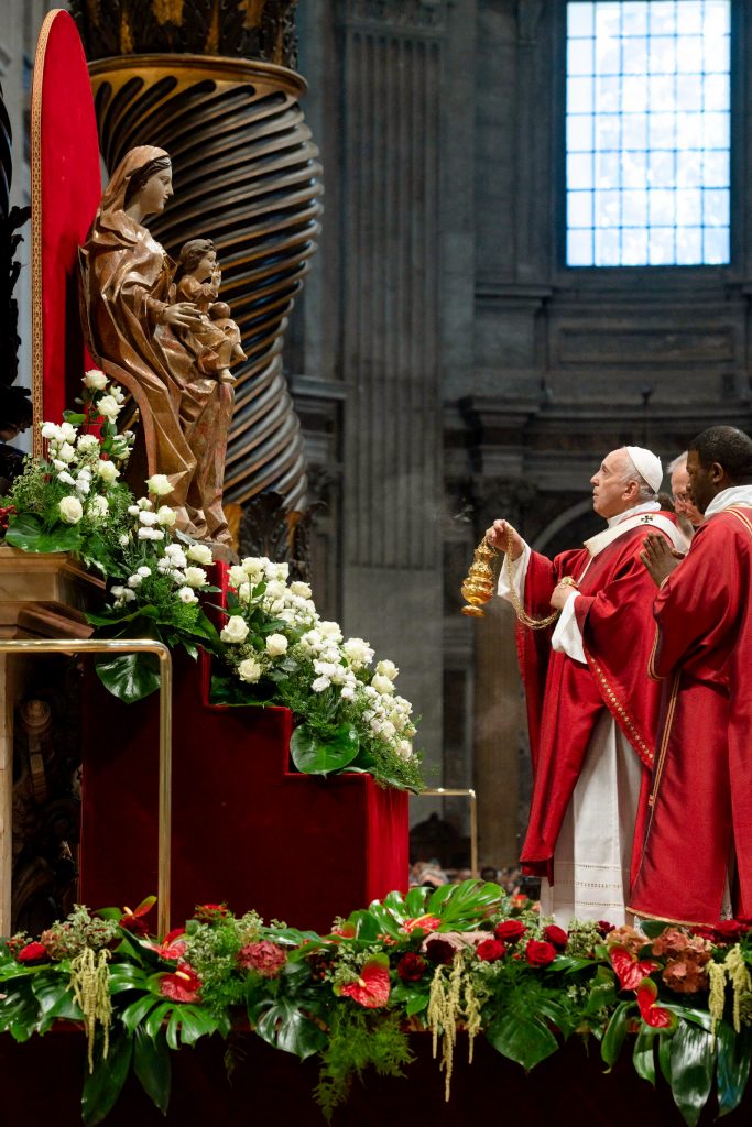 Pope Francis burns incense as he venerates a Marian statue during Mass marking the feast of Sts Peter and Paul in St Peter's Basilica at the Vatican on 29 June 2019. After the Mass the Holy Father presented the pallium to new archbishops from around the world. Photo: Vatican Media/CNS.