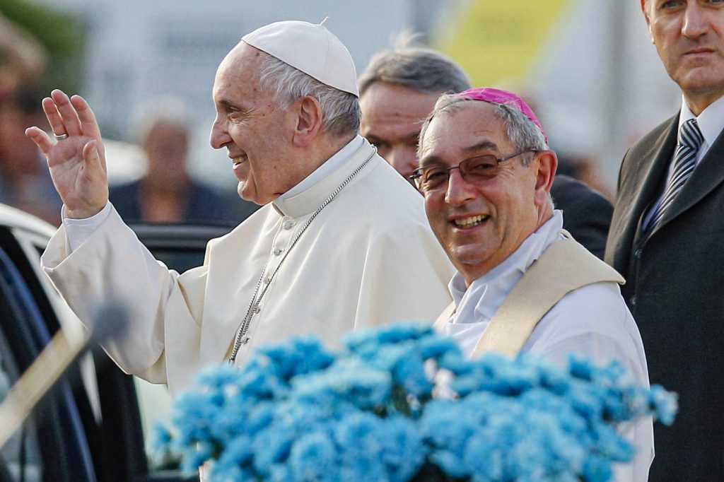 Pope Francis and Cardinal Angelo De Donatis, papal vicar for the Diocese of Rome, are pictured after a Mass in Ostia, a suburb of Rome, in this 3 June 2018, file photo. Cardinal De Donatis has asked every pastor in the Diocese of Rome to form a team for neighborhood missionary outreach. Photo: Paul Haring/CNS.